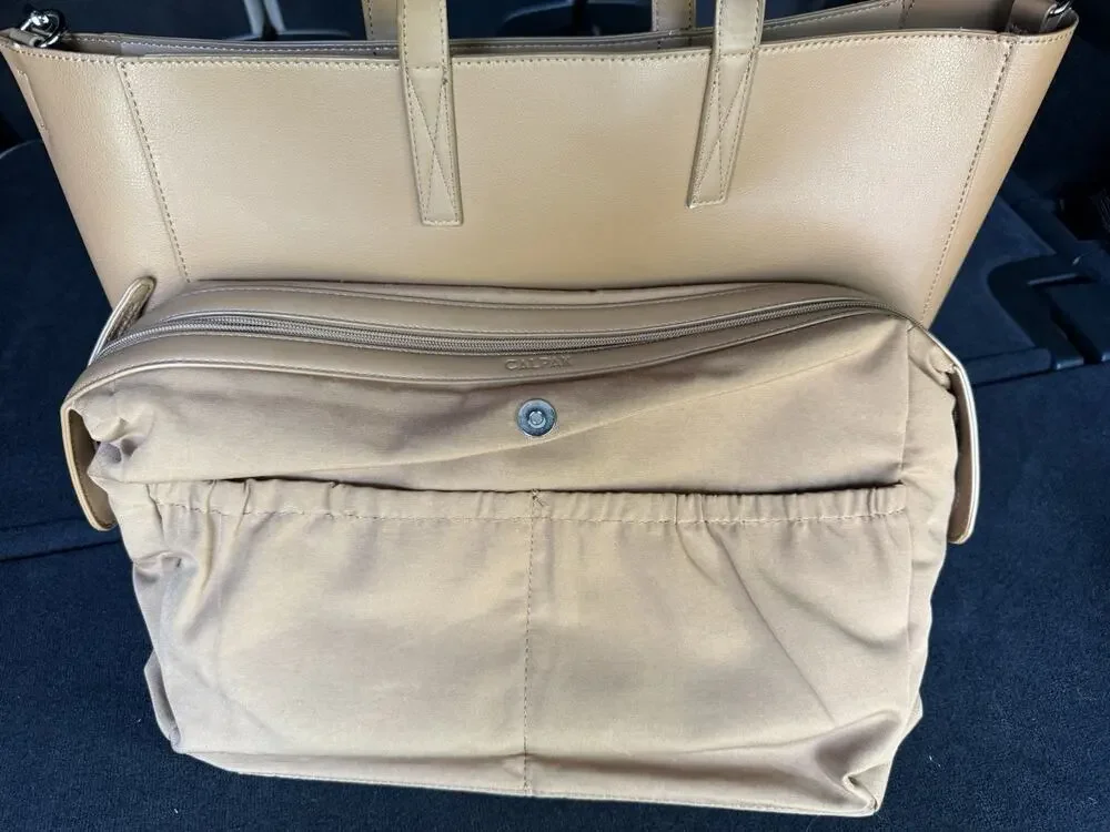 Calpak Haven Laptop Tote Bag Tan Camel Faux Leather Work Commuter w/ Insert